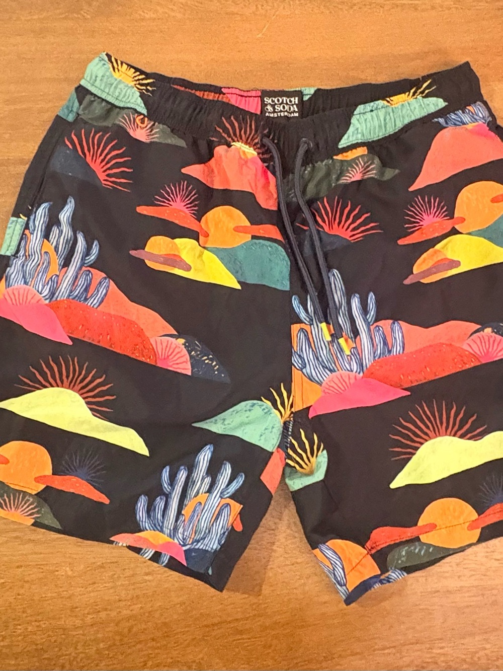 Scotch & Soda Black Swim Trunks with Neon Sunset Print